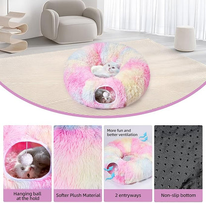 Odoland Cat Tunnels for Indoor Cats with Fluffy Plush Central Cat Couch and 20 Cat Toys, Tunnel Bed for Cats with Hanging Ball, Detachable Soft Mat and Variety Kitty Toy Set, Pink - PAWPICO