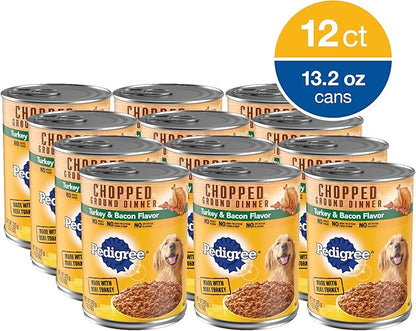 PEDIGREE CHOPPED GROUND DINNER Adult Canned Soft Wet Dog Food, Turkey & Bacon Flavor, 13.2 oz. Cans 12 Pack - PAWPICO
