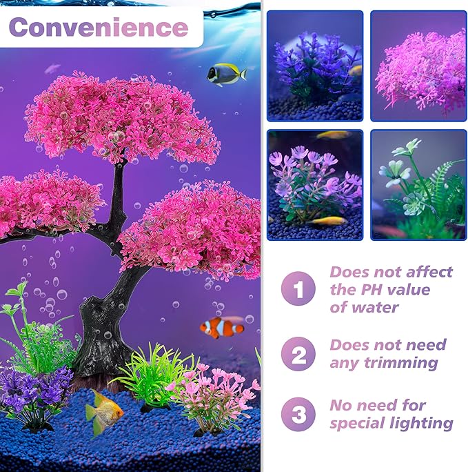 Ameliade Aquarium Artificial Plastic Plants Decoration, Pink Cherry Blossom Tree Aquarium Decor Set, Goldfish Betta Fish Tank Decorations Hides Accessories（Pink Ameliade