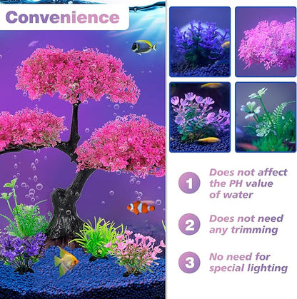 Ameliade Aquarium Artificial Plastic Plants Decoration, Pink Cherry Blossom Tree Aquarium Decor Set, Goldfish Betta Fish Tank Decorations Hides Accessories（Pink Ameliade
