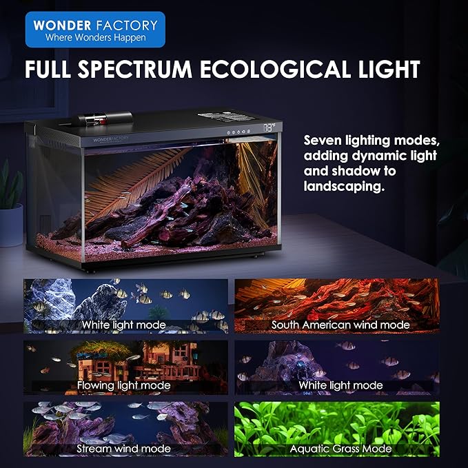 Smart Aquarium Fish Tank 5 Gallon Starter kit, Self Cleaning System Efficiency Filter 7 Color LED Lights Automatic Feeder Temperature Display Monitor HD UHA Glass Leak-Proof, Smart Control with Apps WONDERFACTORY