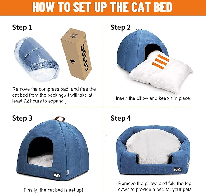 Cat Bed for Indoor Cats -Premium Pet Beds for Cats and Small Dogs, Cat Bed Cave, Comfortable Covered Cat Bed, Cat Tent, Kitten Bed, Small Animal Bed and Cat Hut with Cushioned Pillow (Large, Blue) - PAWPICO