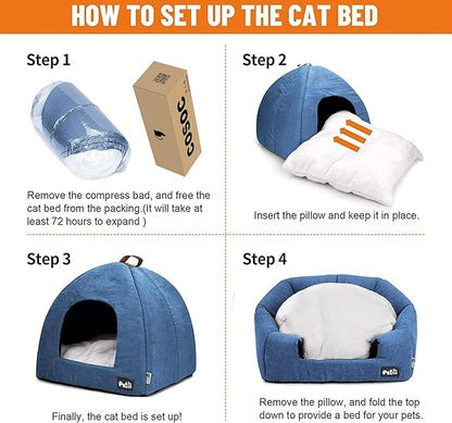Cat Bed for Indoor Cats -Premium Pet Beds for Cats and Small Dogs, Cat Bed Cave, Comfortable Covered Cat Bed, Cat Tent, Kitten Bed, Small Animal Bed and Cat Hut with Cushioned Pillow (Large, Blue) - PAWPICO