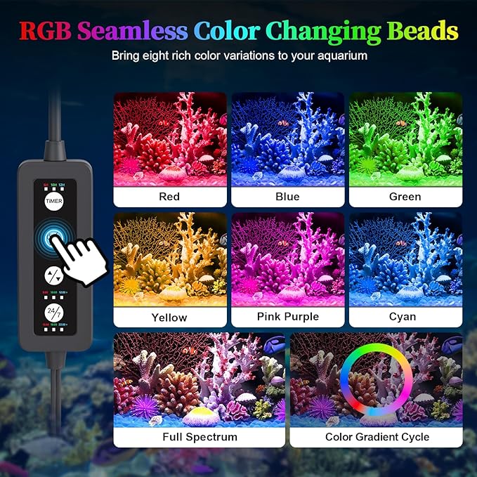 Aquarium Light for Fish Tank, Full Spectrum LED Aquarium Light for Plants, Adjustable Brightness, Timer Auto On/Off, White Blue Red Green Pink LEDs with Extendable Brackets for 30-36 Inch Tanks KINGDANS