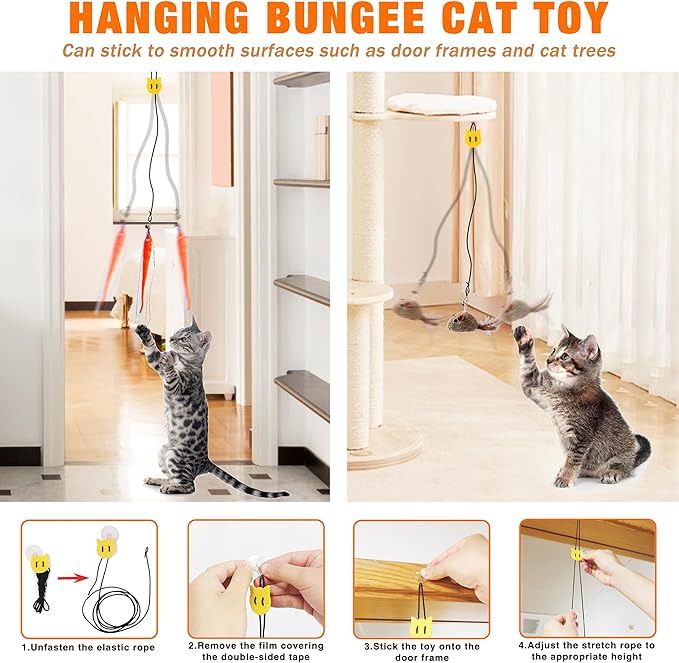 JXFUKAL Interactive cat Toy, Automatic Cat Wand Toy with Stable Wooden Base, 2 PCS Detachable Cat Teaser, 5PCS Refills Replacement & Hanging Cat Toy, Kitty Kitten Toys Cat Feather Spring String Toy - PAWPICO