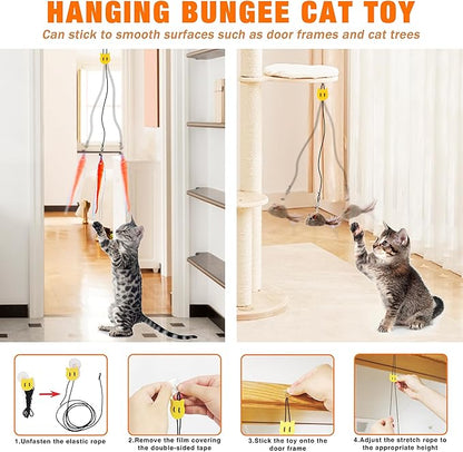 JXFUKAL Interactive cat Toy, Automatic Cat Wand Toy with Stable Wooden Base, 2 PCS Detachable Cat Teaser, 5PCS Refills Replacement & Hanging Cat Toy, Kitty Kitten Toys Cat Feather Spring String Toy - PAWPICO