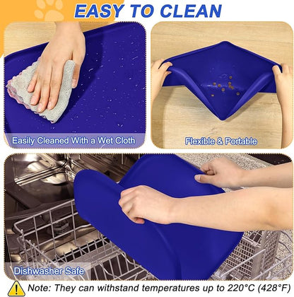 Silicone Pet Feeding Mat with Raised Edge, Dog Cat Bowl Mats for Food and Water, Pet Placemat for Floors Waterproof, 24” x 16” x 0.8” Navy Blue - PAWPICO