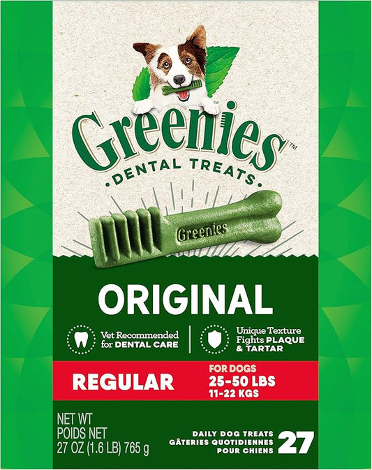 Greenies Original Regular Natural Dog Dental Care Chews Oral Health Dog Treats, 27 oz. Pack (27 Treats) - PAWPICO