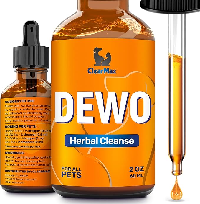 Dewo for Dogs ◆ Cat Dewo ◆ Puppy Dewo ◆ Kitten Dewo ◆ Natural Broad Spectrum Cleanser for Pets ◆ Liquid Dewo for Dogs and Cats ◆ Pet Dewo ◆ Digestive Cleanser ◆ 2 Oz ClearMax