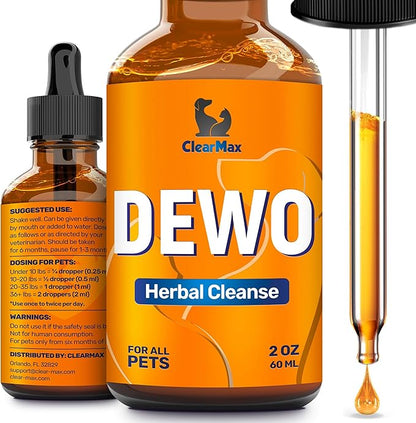 Dewo for Dogs ◆ Cat Dewo ◆ Puppy Dewo ◆ Kitten Dewo ◆ Natural Broad Spectrum Cleanser for Pets ◆ Liquid Dewo for Dogs and Cats ◆ Pet Dewo ◆ Digestive Cleanser ◆ 2 Oz ClearMax