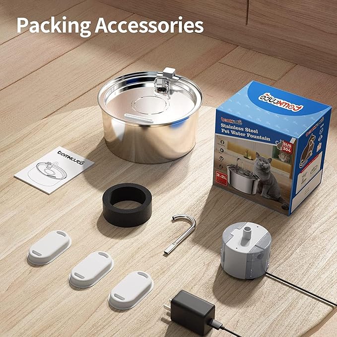 Tomxcute Cat Water Fountain, 3.2L/108oz Automatic Stainless Steel Pet Fountain Dog Water Dispenser, Ultra-Quiet Pump and 3 Replacement Filters & for Cats, Dogs, Multiple Pets - PAWPICO