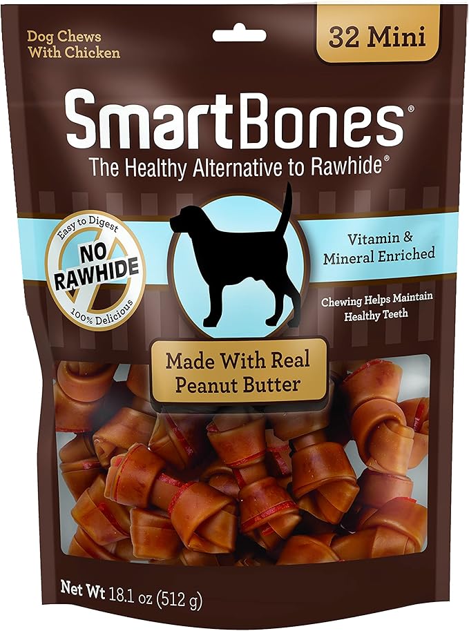 SmartBones Mini Chews With Real Peanut Butter 32 Count, Rawhide-Free Chews For Dogs - PAWPICO