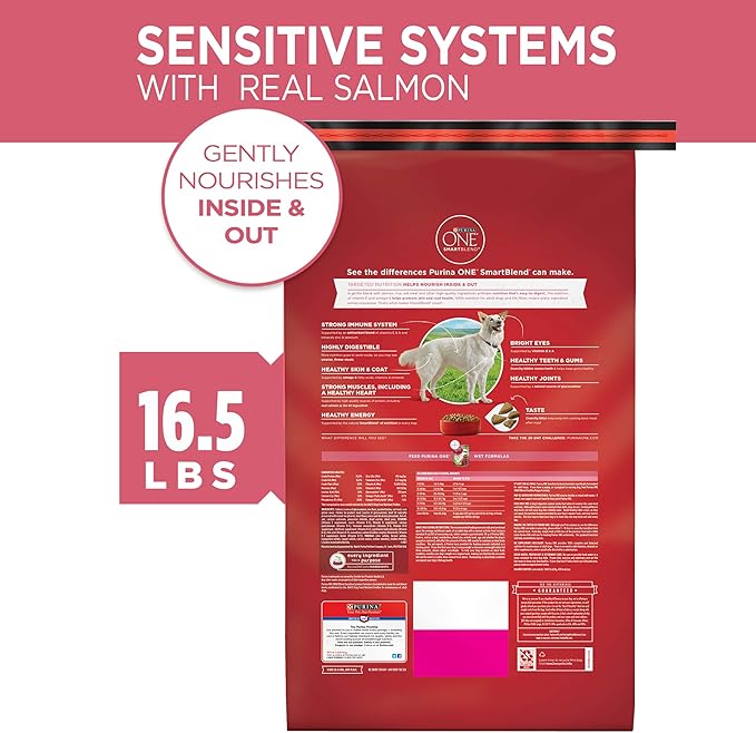 Purina ONE Natural, Sensitive Stomach Dry Dog Food, +Plus Skin & Coat Formula - 16.5 lb. Bag - PAWPICO