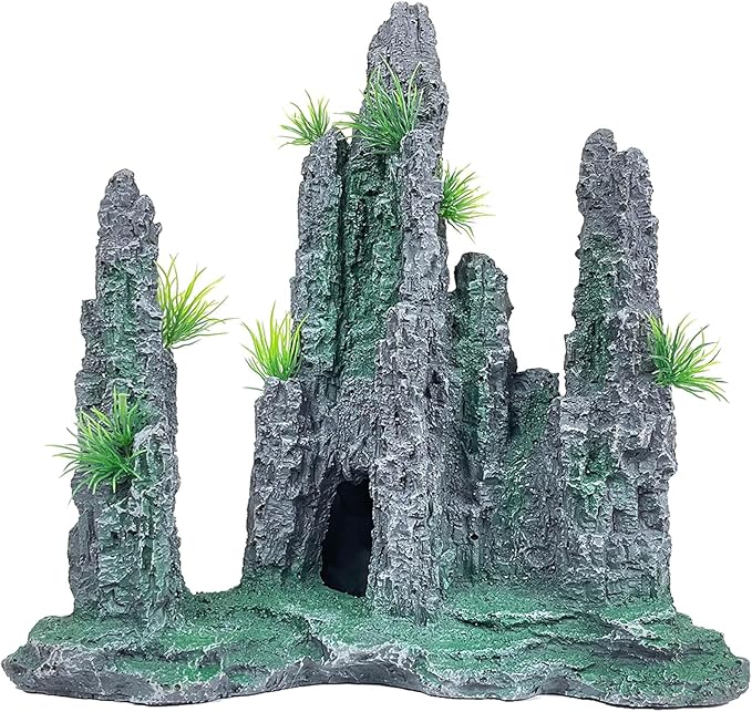 Aquarium Decoration Large and Tall for Fish Tank Rock Thematic Ornaments Aquarium Mountain View Stone Ornaments Aquarium Decor Tree House Cave Fish Tank Decoration - Large VMCN