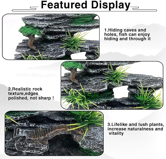 Aquarium Mountain View Stone Ornament Tree Rock Cave Aquarium Decorations for Fish Tank Decorations for Small Fish Tank - 7.5 Inches Long GOLOMOZ