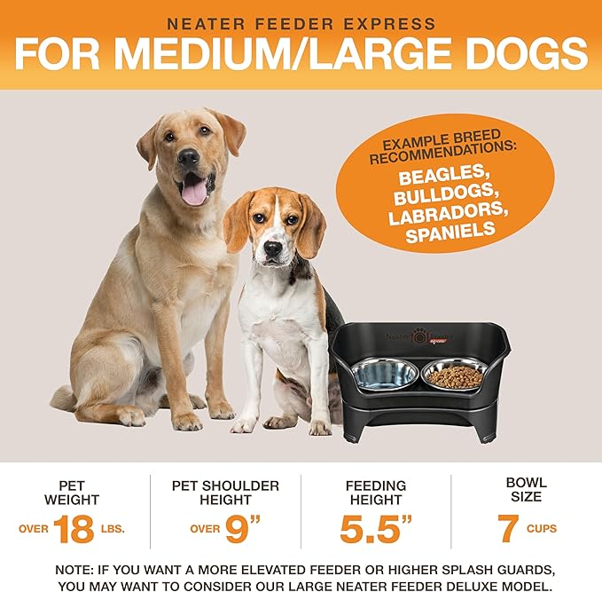 Neater Feeder - Express Model - Mess-Proof Dog Bowls (Medium/Large, Midnight Black) – Made in USA – Elevated, No Spill, Non-Tip, Non-Slip, Raised Stainless Steel Food & Water Pet Bowls - PAWPICO