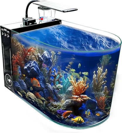 12 Gallon Saltwater Aquarium U-Shaped Low Iron Ultra Clear Glass Aquarium Saltwater Fish Tank Reef Tank with Lid and Pad, Protein Skimmer, LED Light and Pump (Black, Premium All-in-One Kits) GankPike