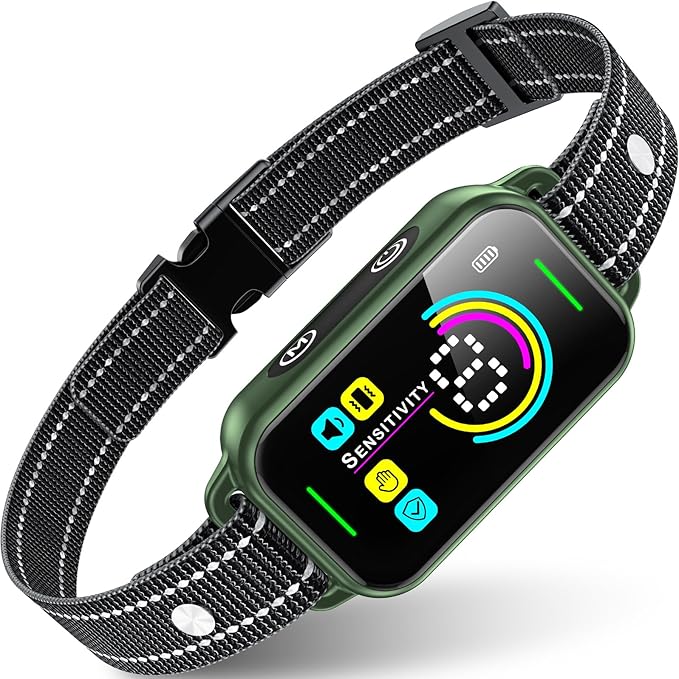 Dog Bark Collar, DINJOO Bark Collar for Large Medium Small Dogs,Smart Bark Collar,Rechargeable Anti Barking Training Collar with 8 Adjustable Sensitivity,Bark Collar with Beep（Dark Green） DINJOO