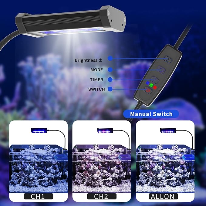 Lominie Small LED Aquarium Light Full Spectrum, 2-Channel Dimmable Fish Tank Light with Adjustable Gooseneck for Saltwater, Coral Nano Tank (Saltwater) Lominie