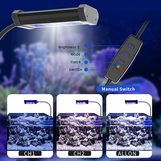 Lominie Small LED Aquarium Light Full Spectrum, 2-Channel Dimmable Fish Tank Light with Adjustable Gooseneck for Saltwater, Coral Nano Tank (Saltwater) Lominie