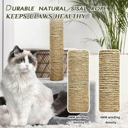 Natural Sisal Rope 1/4 Inch 32-Feet for Cat Tree Tower Repair and Replace Scratching Post, DIY Hemp Twine Rope for Cat Scratching Furniture Window Perch and Crafts Gardening Home Decorating - PAWPICO