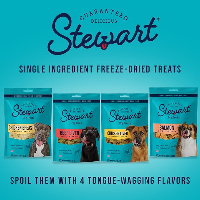 Stewart Single Ingredient Freeze Dried Raw Dog Treats, Pup's Preferred Variety Pack (Beef Liver 4 Ounce + Chicken Breast 3 Ounce + Salmon 2.75 Ounce), High Protein, Training Treats or Meal Topper - PAWPICO