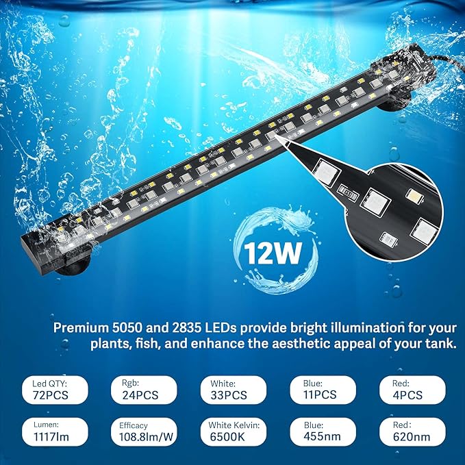 hygger 24/7 Mode Submersible Aquarium LED Light, Full Spectrum Hidden Fish Tank Light with 3 Rows Beads 7 Colors Auto On Off Sunrise-Daylight-Moonlight, Adjustable Timer Brightness 12W hygger