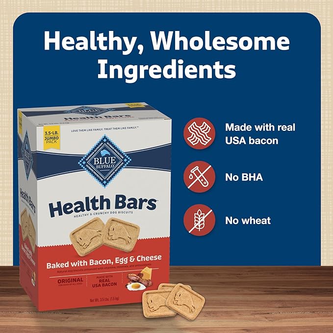 Blue Buffalo Mini Health Bars Crunchy Dog Biscuits, Oven-Baked With Natural Ingredients, Bacon, Egg & Cheese, 2-lb Box - PAWPICO