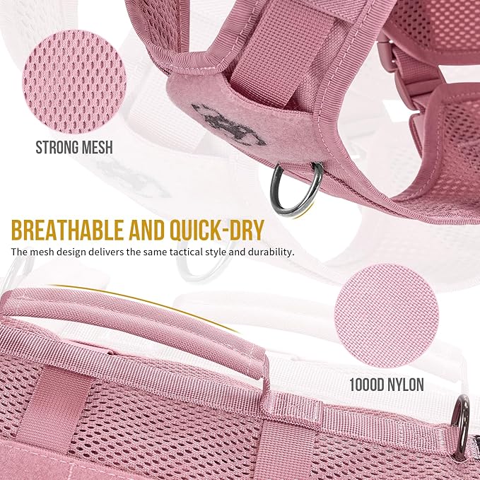OneTigris Tactical Dog Harness for Small Dog, No Pull Small Dog Vest Harness with Handles Breathable Military Dog Molle Vests, Harness for Walking Hiking Training (Pink, XS) OneTigris