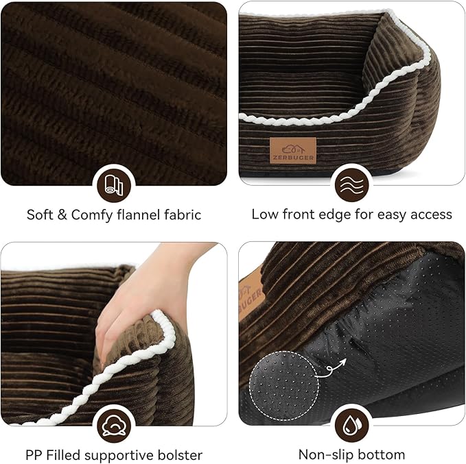Cat Dog Bed for Pets, Rectangle Pet Bed Gift for Puppy and Kitten, Machine Washable Calming Fluffy Pet Couch Sofa for Indoor Outdoor, Portable Soft Cat Bed with Non-Slip Bottom (Small, Brown) - PAWPICO
