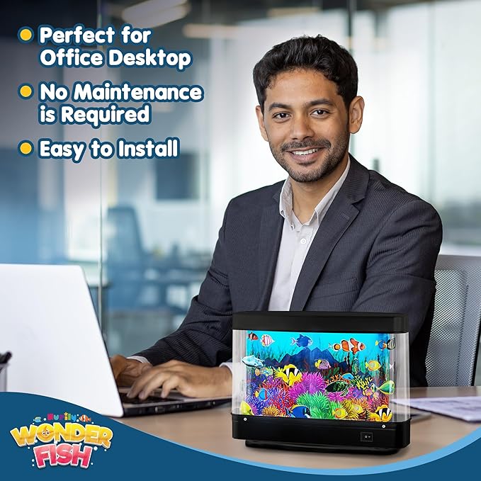 Artificial Fish Tank Virtual Ocean Toy - Mini Office Desk Aquarium, Colorful Aquarium, Motion Lamp Night Light with Moving Fish, Fun Gift for Kids and Adults Nurily