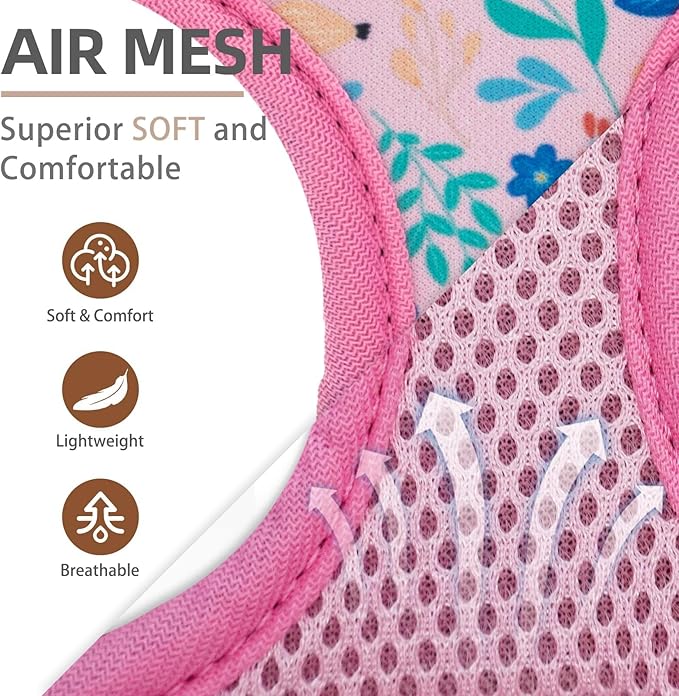 PUPTECK Soft Mesh Dog Harness and Leash Set Pet Puppy Cat Comfort Padded Vest No Pull Harnesses, Pink Floral, S PUPTECK