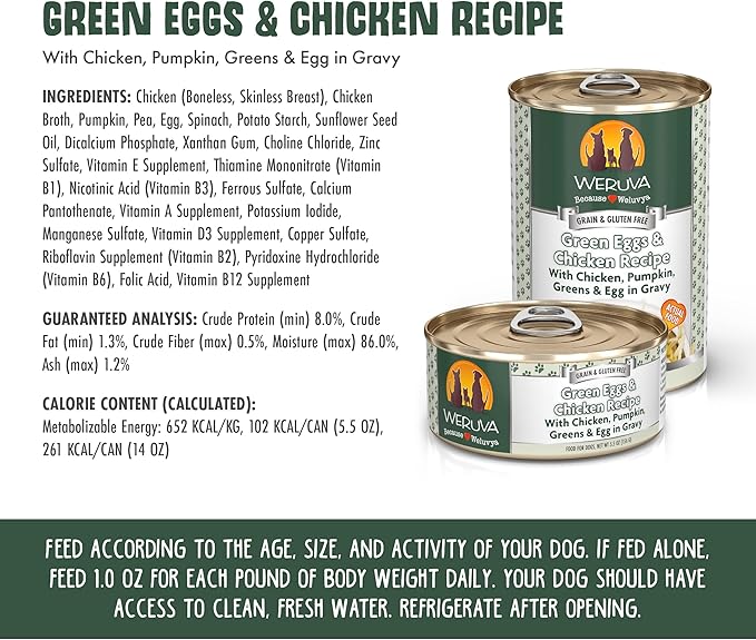 Weruva Classic Dog Food, Green Eggs & Chicken with Chicken Breast & Pumpkin in Gravy, 14oz Can (Pack of 12) - PAWPICO