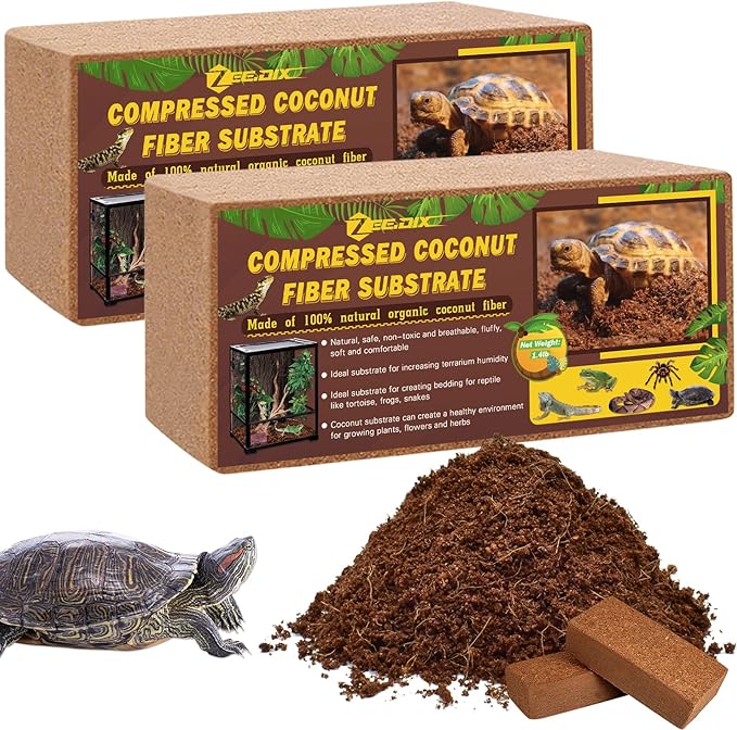 ZeeDix 2Pcs Compressed Coconut Fiber Substrate, 100% Organic Coco Coir Fiber Brick Substrate Fluffy Bearded Dragon Tortoise Snake Terrarium Substrate Loose Natural Husk Terrarium Bedding for Reptiles ZeeDix