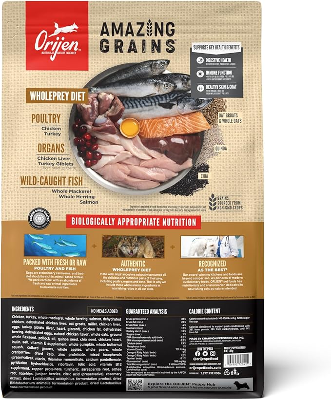 ORIJEN Amazing Grains Puppy Dry Dog Food, High Protein Dog Food for Puppies, Fresh or Raw Ingredients, 4lb - PAWPICO