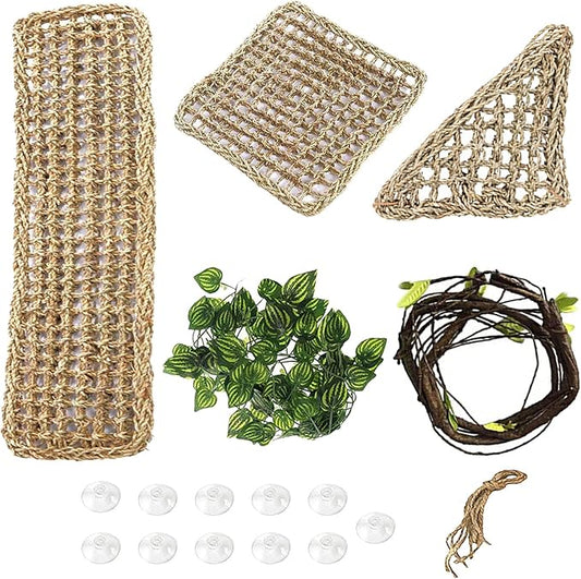 PINVNBY Bearded Dragon Hammock,Reptile Lizard Lounger Natural Seagrass Habitat Decoration Reptiles Tank Accessories Jungle Climber Vines Flexible Leaves Climbing Decor for Gecko Chameleon Snakes PINVNBY