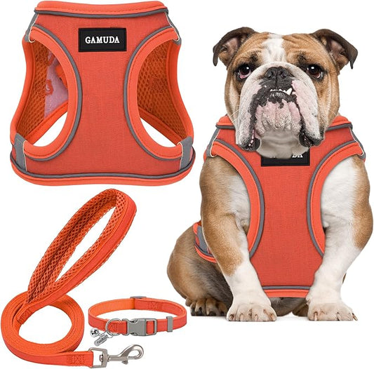 GAMUDA Small Pet Harness Collar and Leash Set, Step in No Chock No Pull Linen Fabric Soft Mesh Dog Vest Harnesses Reflective for Dogs Puppy Cats Kitten Rabbit (Orange, XL) GAMUDACollarsCollection
