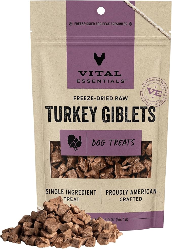 Vital Essentials Freeze Dried Raw Single Ingredient Dog Treats, Turkey Giblets, 2 oz - PAWPICO