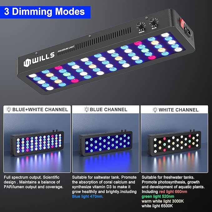 WILLS Aquarium Light, Dimmable Full Spectrum Fish Tank Light with 3 Dimming Modes & 55 Premium SMD Chips, 165W LED Aquarium Plant Light for Saltwater Freshwater Coral Reef (21.3"x6.7"x2.4") WILLS