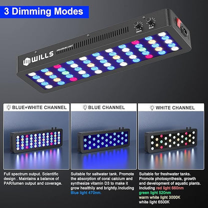 WILLS Aquarium Light, Dimmable Full Spectrum Fish Tank Light with 3 Dimming Modes & 55 Premium SMD Chips, 165W LED Aquarium Plant Light for Saltwater Freshwater Coral Reef (21.3"x6.7"x2.4") WILLS