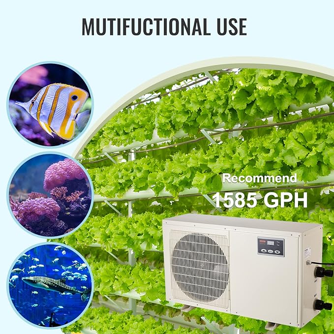 VEVOR Aquarium Chiller, 500 Gal 1892 L, 1.5 HP Hydroponic Water Chiller, Quiet Refrigeration Compressor for Seawater and Fresh Water, Fish Tank Cooling System with Pump/Hose, for Jellyfish, Coral Reef VEVOR