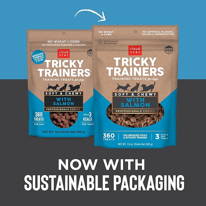 Cloud Star Tricky Trainers Soft & Chewy Dog Training Treats 14 oz Pouch, Salmon Flavor, Low Calorie Behavior Aid with 360 treats - PAWPICO