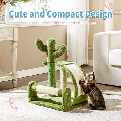 Made4Pets Cat Scratching Post, Cactus Scratcher Tree for Indoor Small Cats, Adult Kitten Scratch Pad with Natural Sisal Ropes, Cute Kitty Nail File Vertical Scratcher with Green Carpet Cover - PAWPICO