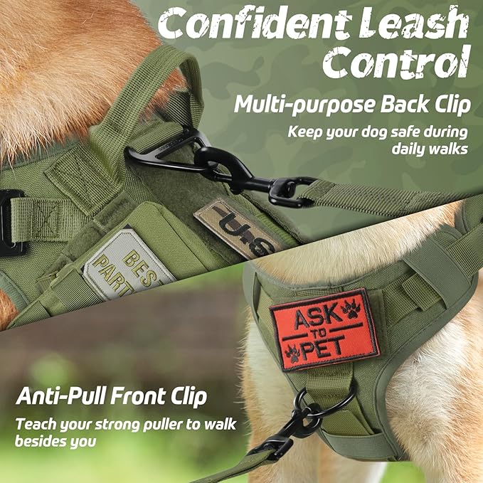 rabbitgoo Tactical Dog Harness for Large, Heavy Duty Pet Harness with Handle, No-Pull Service Vest Large Breed, Adjustable Military Dog Vest for Training Hunting Walking, Green, L rabbitgoo