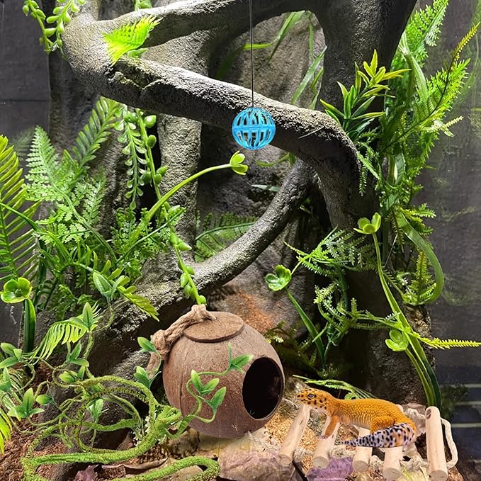 Crested Gecko Tank Accessories，Reptile Vines Plants with Coconut Shell Ladder Hideout Hermit Crab Decor for Bearded Dragon Lizard Chameleon Tortoise Snake BUYNOW