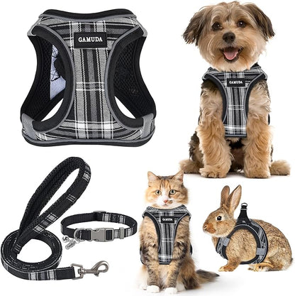 GAMUDA Small Dog Harness Collar and Leash Set, Step in No Chock No Pull Soft Mesh Adjustable Dog Vest Harnesses Plaid Reflective for Dogs Puppy Cats Kitten Rabbit (Black, XS) GAMUDACollarsCollection