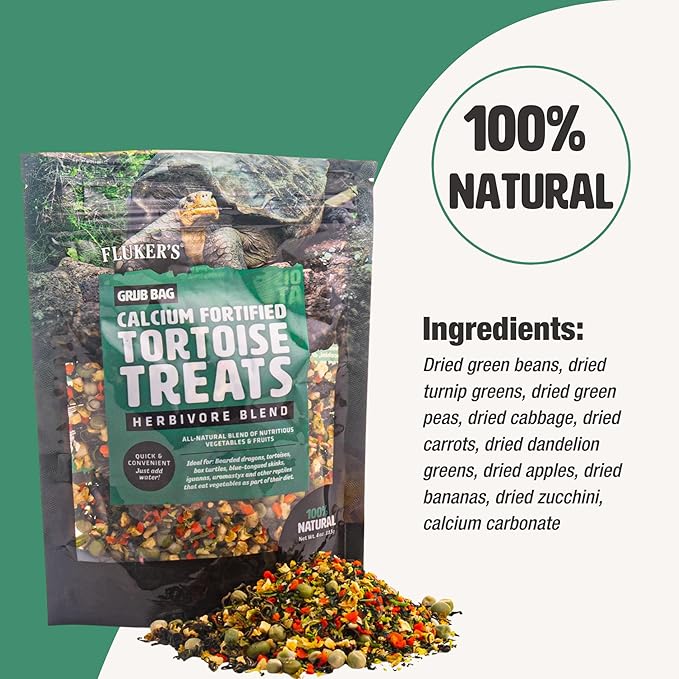 Fluker's Grub Bag Calcium Fortified Tortoise Treats, All Natural Herbivore Blend Fruits and Vegetables, for Tortoise and Herbivore Pets, 4 oz Flukers
