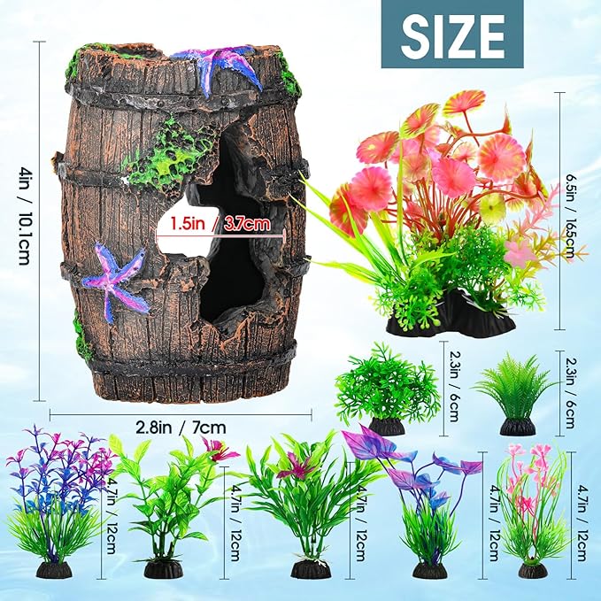 CousDUoBe Fish Broken Barrel Decor Fish Tank Decorations Betta Fish Tank Accessories,Starfish Barrel x 1pc, Fish Tank Plants x 8pcs CousDUoBeAquariumfishtankdecoration