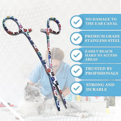 Dog Pet Ear/Nose Hair Puller Grooming Hemostat Locking Forceps Pliers, 5.5" (14cm), Straight (White Multi Paws) A2Z+SCILAB