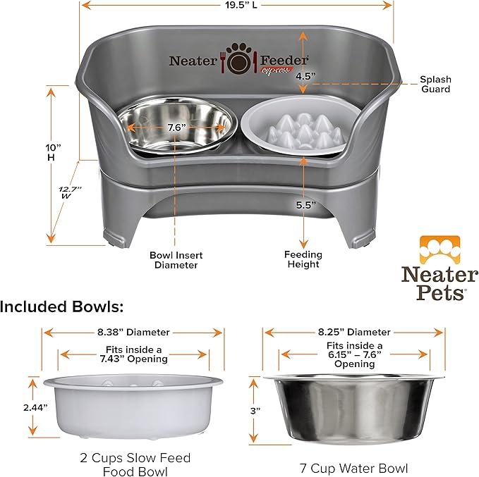 Neater Feeder Express Medium to Large Mess Proof Feeder for Dogs, 2 Cup Slow Feed Bowl & 7 Cup Stainless Steel Water Bowl, No Spill, Non-Tip, Non-Slip, Elevated Dog Bowls. Aids Digestion. Made in USA - PAWPICO